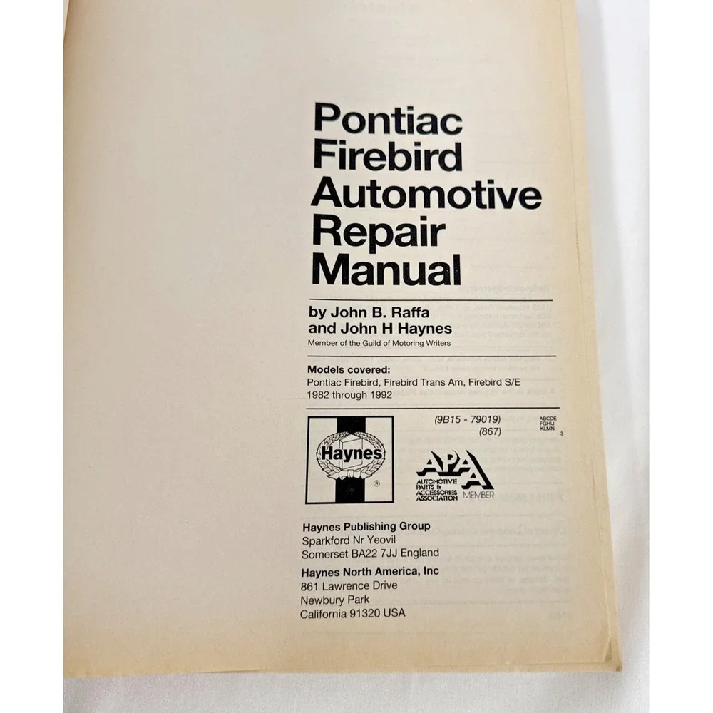 Haynes Pontiac Firebird Repair Manual 1982-1992 Trans Am S/E 79019 Guide Book